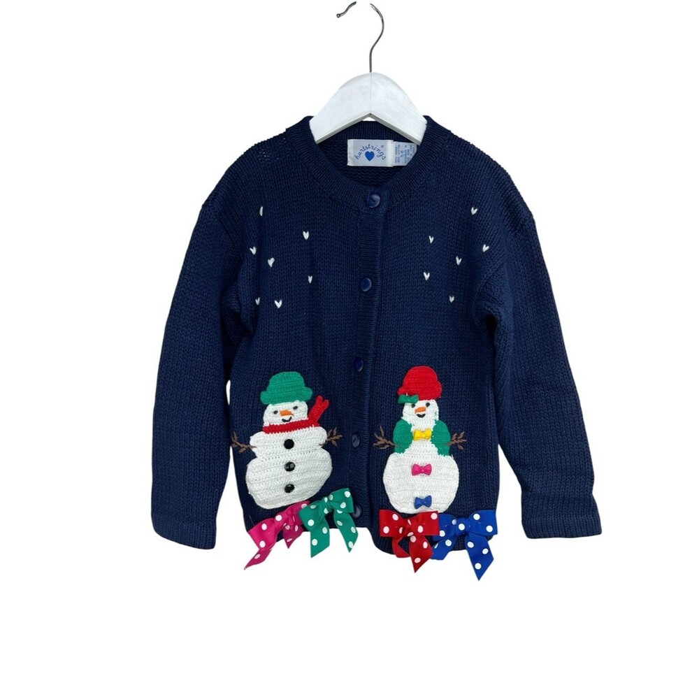 Vintage Hartstrings Button Front Whimsical Snowman Sweater Cardigan Girls 5/6